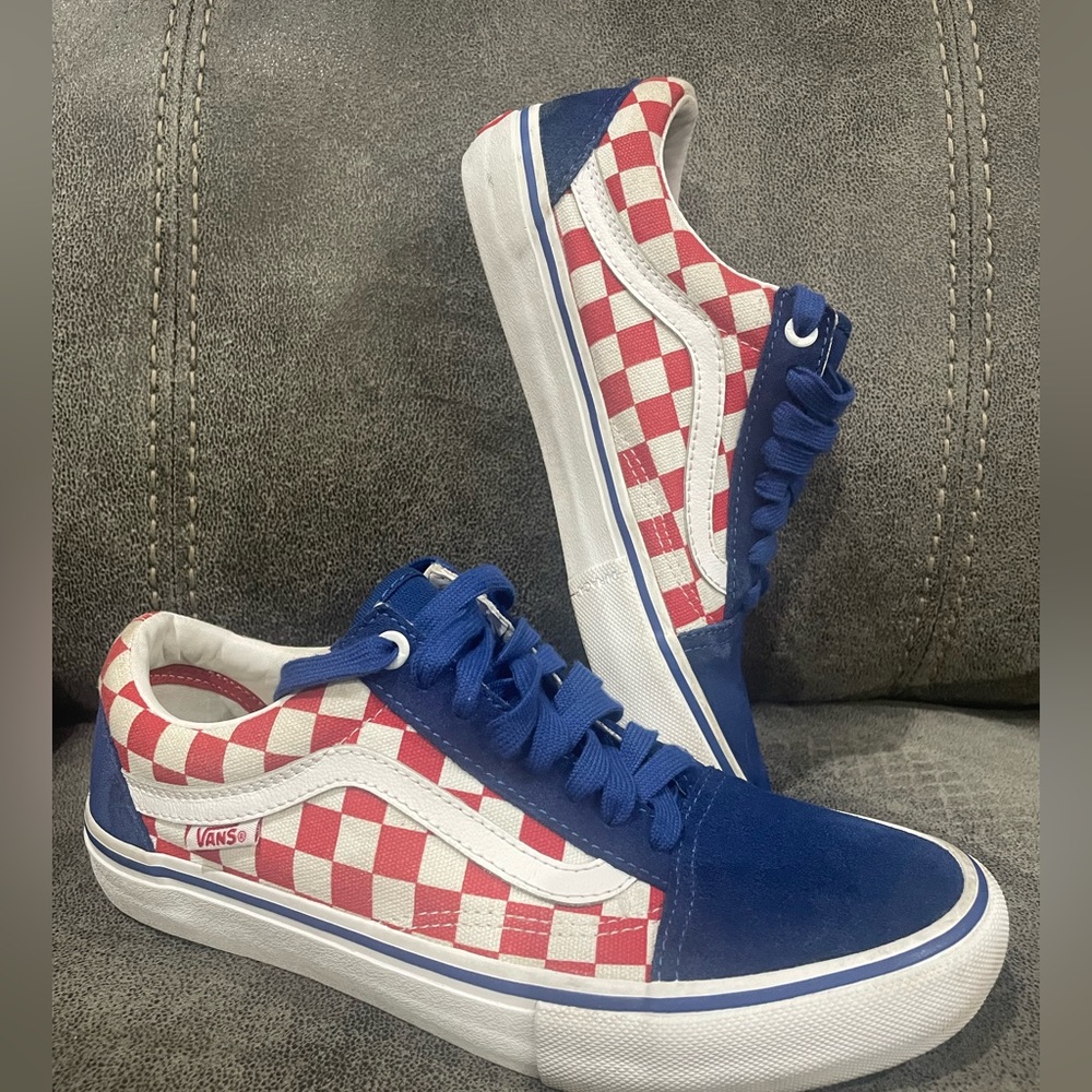 Vans Old Skool pro blue red & white checkerboard skate shoe size 7